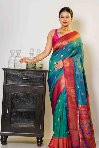 Paithani semi silk temple paad  zari checks saree
