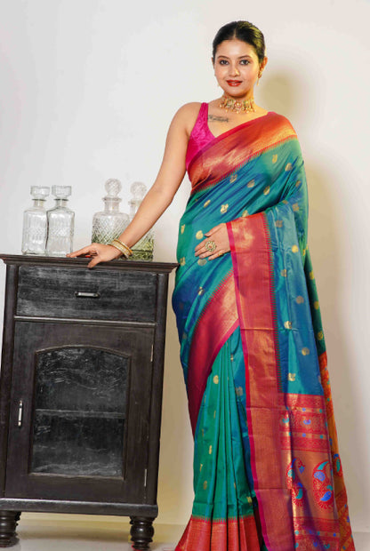 Paithani semi silk temple paad  zari checks saree
