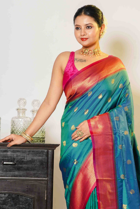Paithani semi silk temple paad  zari checks saree