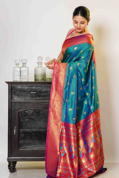 Paithani semi silk temple paad  zari checks saree