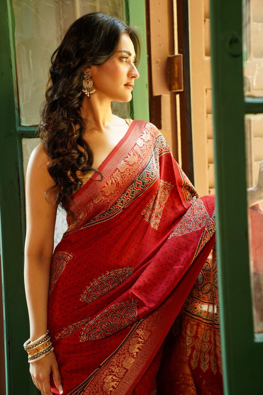 Pure Dola silk Ajrakh hand block zari pallu saree