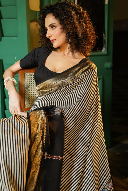 Pure Dola silk Ajrakh hand  block zari pallu saree