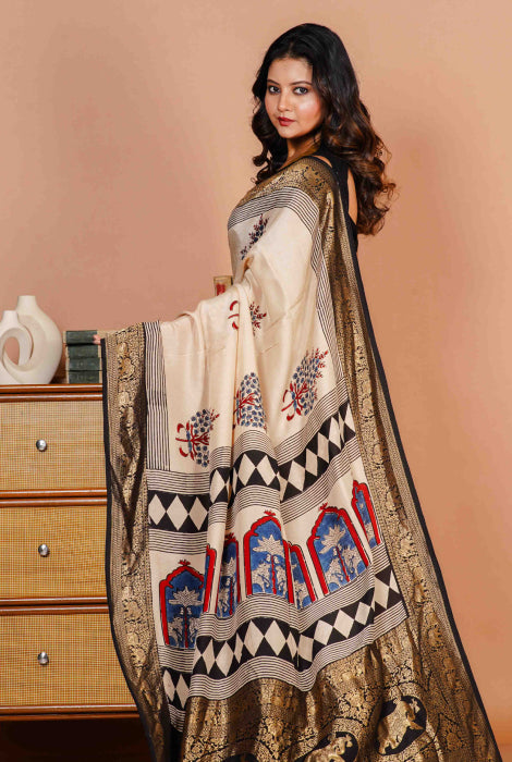 Pure Dola silk Ajrakh hand block zari pallu saree