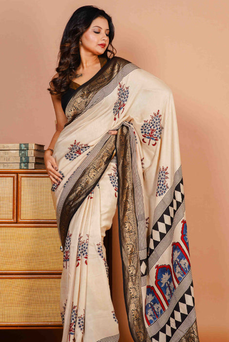 Pure Dola silk Ajrakh hand block zari pallu saree