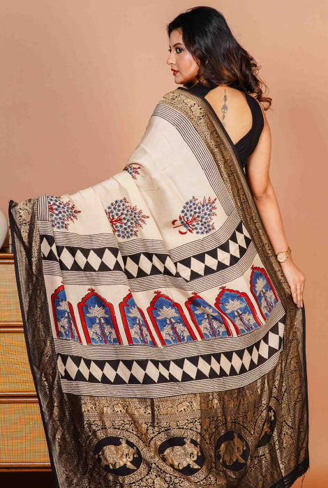 Pure Dola silk Ajrakh hand block zari pallu saree