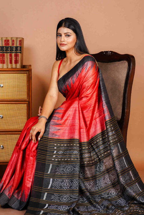 Raw tusser silk  temple paad ikkat pallu saree