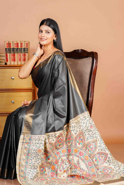 Tusser slab Madhubani hand  painted saree