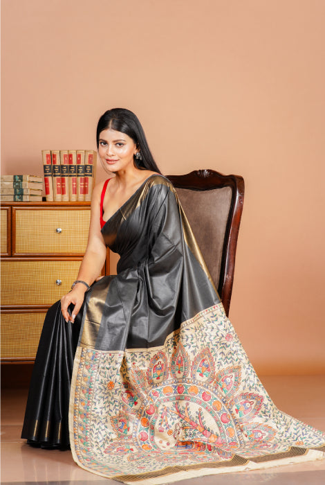 Tusser slab Madhubani hand  painted saree