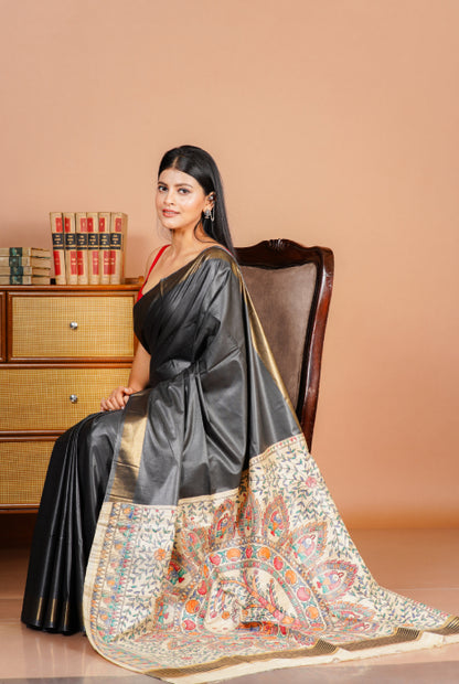 Tusser slab Madhubani hand  painted saree