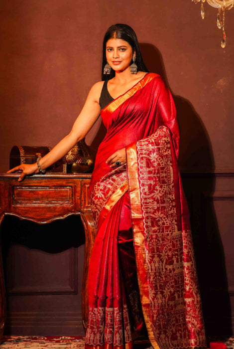Work on Tusser silk and zari paad saree
