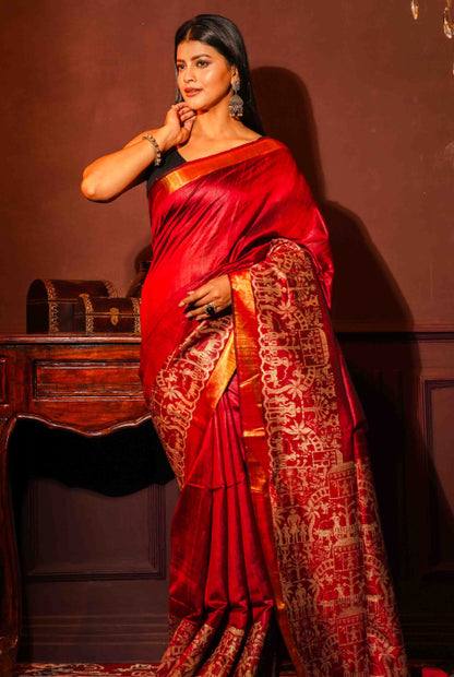 Work on Tusser silk and zari paad saree