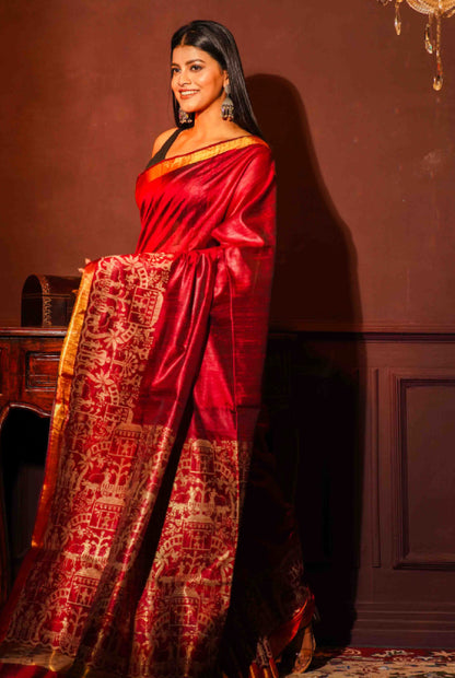 Work on Tusser silk and zari paad saree