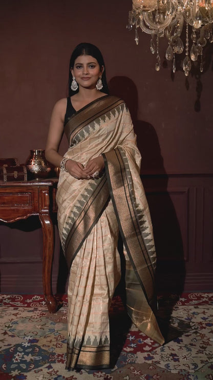 Paithani semi silk temple  paad zari checks saree