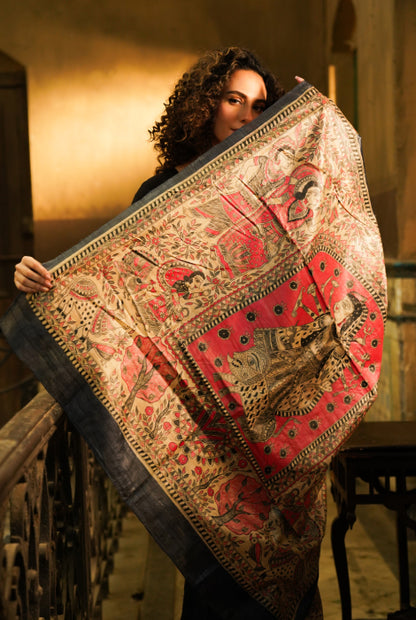 Madhubani hand paint puresilk tusser saree