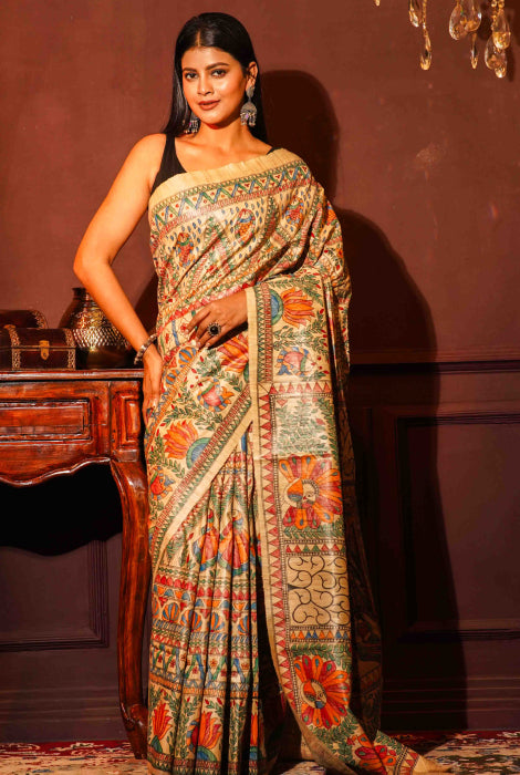 Tusser Silk Madhubani Hand Painted Saree